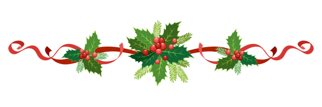 Christmas, New Year holiday decoration. Vector illustration garland of holly with red berries, ribbons, poinsettia, fir-tree branches. Frame, border for Christmas cards, banners.