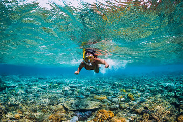Young woman swimming underwater. Snorkeling in the tropical sea - obrazy, fototapety, plakaty