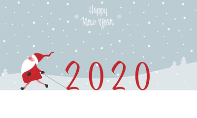 Fototapeta na wymiar Happy New Year - Geschenkkarte, Weihnachtswichtel zieht 2020 hinter sich her, Banner