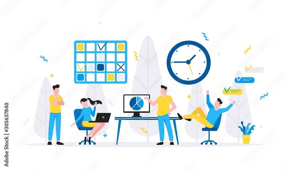Poster tiny people characters working together with table and computer. teamwork and time management concep