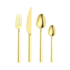  Vector realistic illustration of cutlery. Isolated image of a golden spoon, fork and knife.