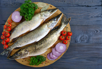 Big raw pikes with vegetables and herbs on a wooden tray. Fresh catch. Dietary product. Top view. Ready to cook.