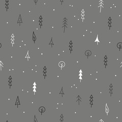 Cute simple winter pattern. Floral seamless pattern. Vector background with hand-drawn flowers and leaves. Christmas trees on gray backdrop. Wrapping graphic design. Black and white.