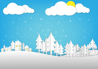 Home and Christmas trees in winter with cloud, snowflake and yellow moon, Christmas paper cut decoration background