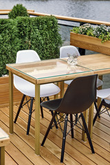 interior details of restaurant on the ship. Concept of interior design of a restaurant on a ship