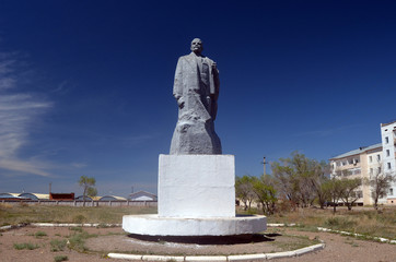 Former Soviet anti-ballistic missile testing range Sary Shagan.Lenin monument from Soviet time. West Bank of Balkhash Lake. Priozersk.Kazakhstan