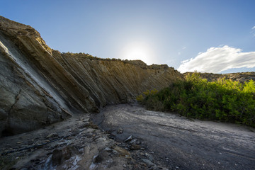 Fototapeta premium Sandstone and geological layers in Tabernas desert, Almeria, Andalousia, Spain