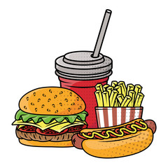 delicious fast food with soda and french fries