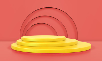 Studio with geometric shapes. Podium of the cylinders for product presentation or mock up background. Abstract scene in minimal design.