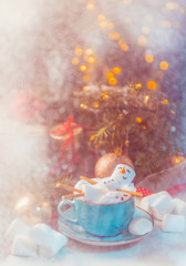 snowman-shaped hot chocolate with marshmallows