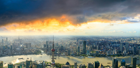 Aerial panoramic view of Shanghai skyline at sunset,China.