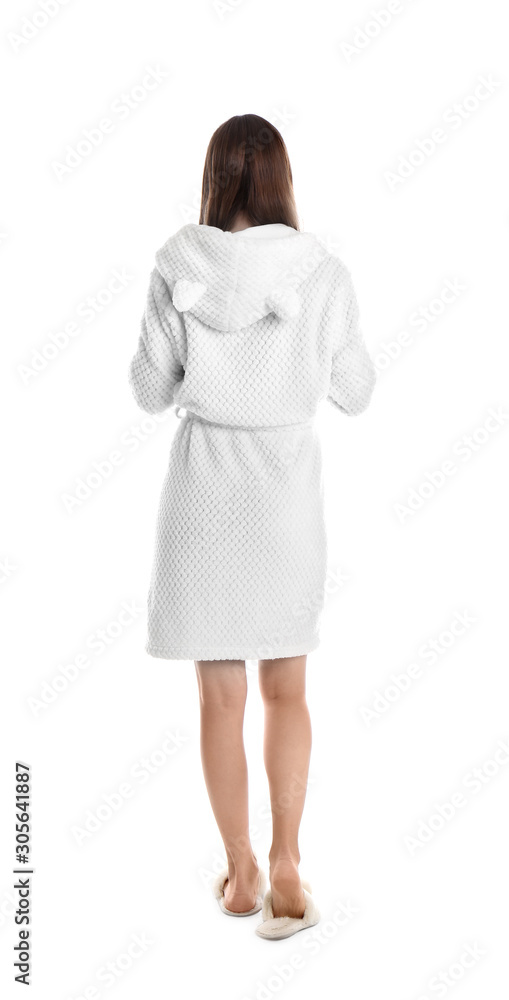 Sticker Young woman in bathrobe on white background