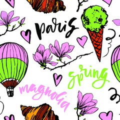 Paris symbols seamless pattern. Romantic travel in Paris. Magnolia blossom, eiffel tower, bicycle, balloons.