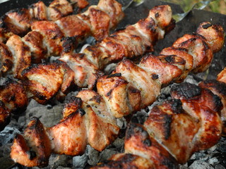 Pork skewers on grill with coals, cooking process