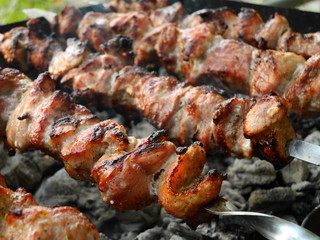 Pork skewers on grill with coals, cooking process