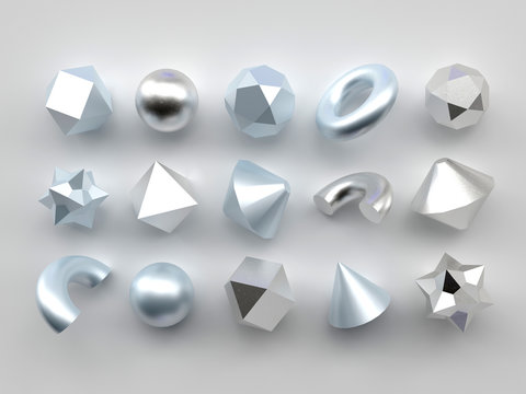 Set of 3d render realistic primitives on white background. Isolated graphic elements. Spheres, torus, tubes, cones and other geometric shapes in silver metallic colors for trendy designs.