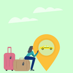 The young woman using taxi application. Taxi ordering.