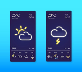 Smartphone screens with weather forecast. Neon effect. - obrazy, fototapety, plakaty