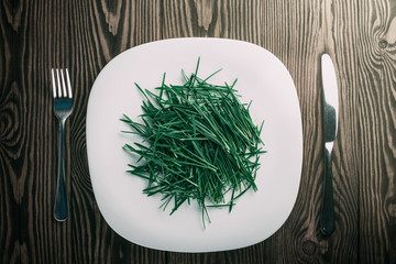 Fresh green salad with wheat seedling, on a plate on a old vintage table.