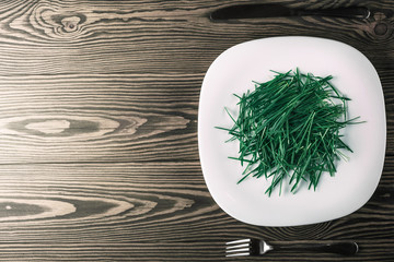 Fresh green salad with wheat seedling, on a plate on a old vintage table.