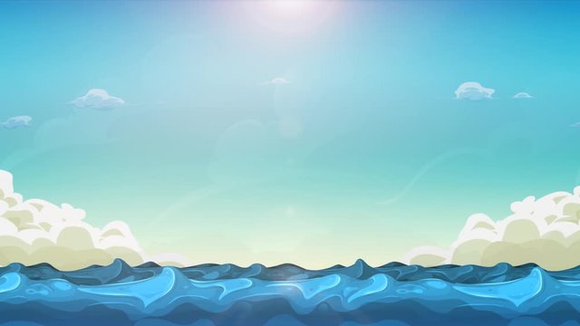 Cartoon Ocean Landscape Background Loop/ Animation of a summer cartoon landscape with funny waves seamless looping in the sunshine