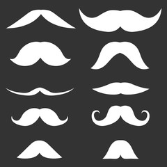 Mustache, silhouette of male mustache isolated on a black background. Vector, cartoon illustration of a white mustache