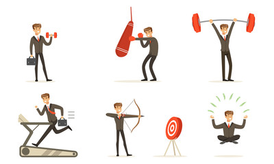 Achievements And Different Actions Of A Successful Businessman Vector Illustration Set Isolated On White Background