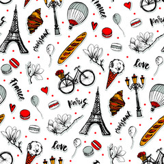 Paris symbols seamless pattern. Romantic travel in Paris. Magnolia blossom, eiffel tower, bicycle, balloons.