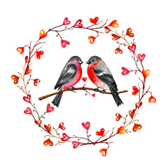 Watercolor romantic illustration of design elements for Valentine’s day. Hearts. Beloved bullfinches. Cute birds