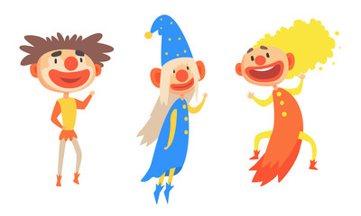Three Cheerful Holidays Clowns In Colorful Clothes And Hats Vector Illustration Set Cartoon Character