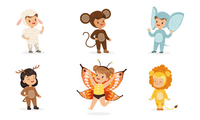 Cute children in costumes of animals and insects. Vector illustration.