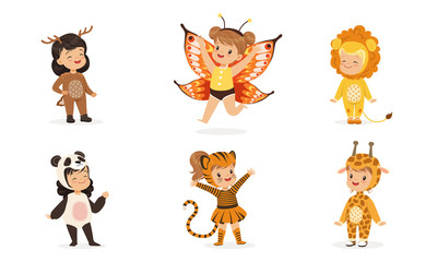 Cute children in carnival costumes of animals and butterflies. Vector illustration.