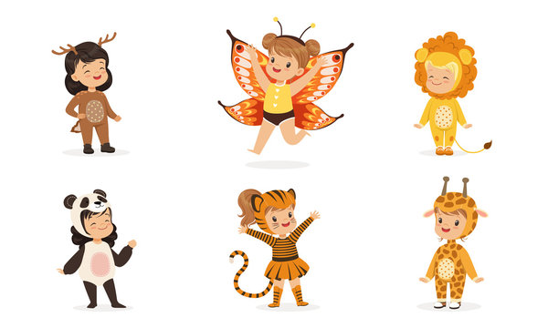 Cute children in carnival costumes of animals and butterflies. Vector illustration.