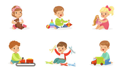 Toddlers play with different toys. Vector illustration.
