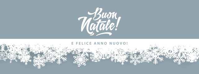 Buon Natale - Merry Christmas in Italian language flat gray card template with decoration elements, snowflakes
