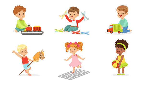 Children play with different toys. Set of vector illustrations.