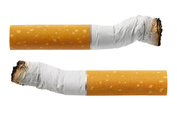 Set of extinguished cigarette butts, isolated on white background