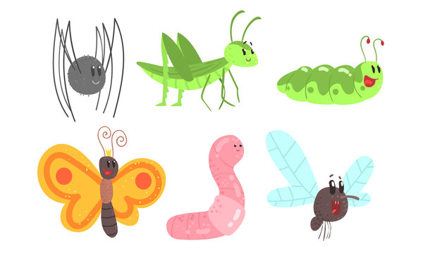 Cute cartoon insects. Set of vector illustrations.