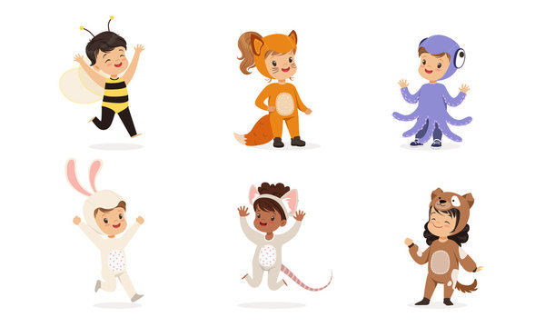 Children in costumes of different animals. Set of vector illustrations.