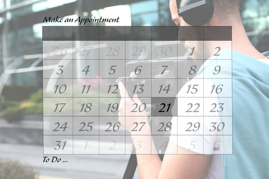 Double exposure of calendar and video operator with camera working outdoors. Personal schedule