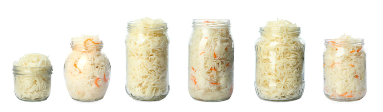 Set of tasty fermented cabbage isolated on white