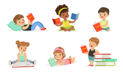 Boys and girls read books. Set of vector illustrations.