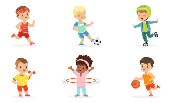 Children in different sports uniforms. Set of vector illustrations.