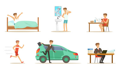 Morning routine of a mans day. Set of vector illustrations.