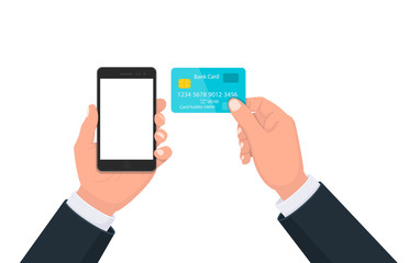 People hand holding the black smartphone with blank screen display and showing credit, debit, ATM, bank card. Modern lifestyle, digital technology cell phone concept illustration in cartoon style.