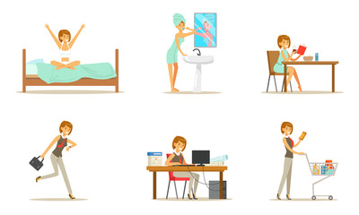 Fototapeta na wymiar Daily routine for a woman. Set of vector illustrations.