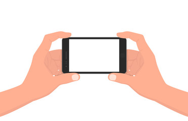 Human hands holding the black smartphone with blank screen display. Mobile phone with white copy space. Modern lifestyle, digital technology cell phone concept illustration in cartoon style.