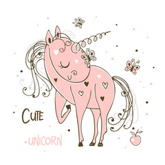 Sweet cute pink unicorn with butterflies. Vector © Olga