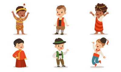 Children in costumes of different nations of the world. Set of vector illustrations.