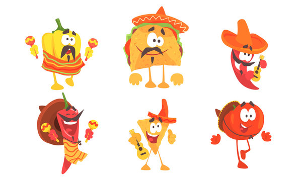 Cartoon mexican food in poncho and sombrero. Set of vector illustrations.